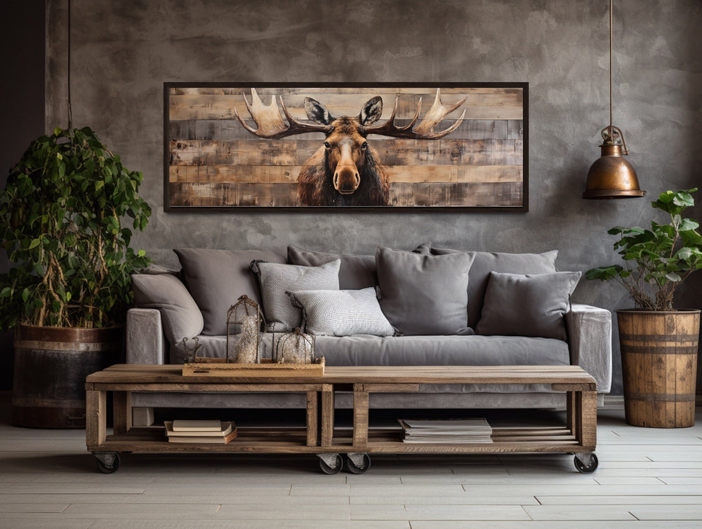 Moose Painted On Wood Rustic Canvas Wall Art "Timber Majesty" over grey rustic couch