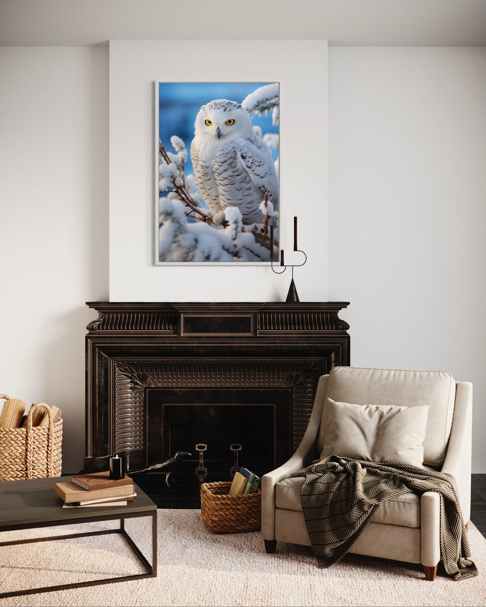 Snowy Owl In Snow Photography Style Framed Canvas Wall Art above fireplace