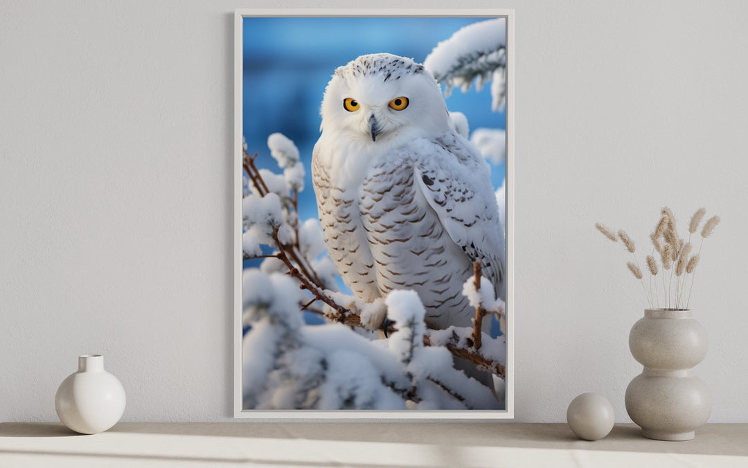 Snowy Owl In Snow Photography Style Framed Canvas Wall Art