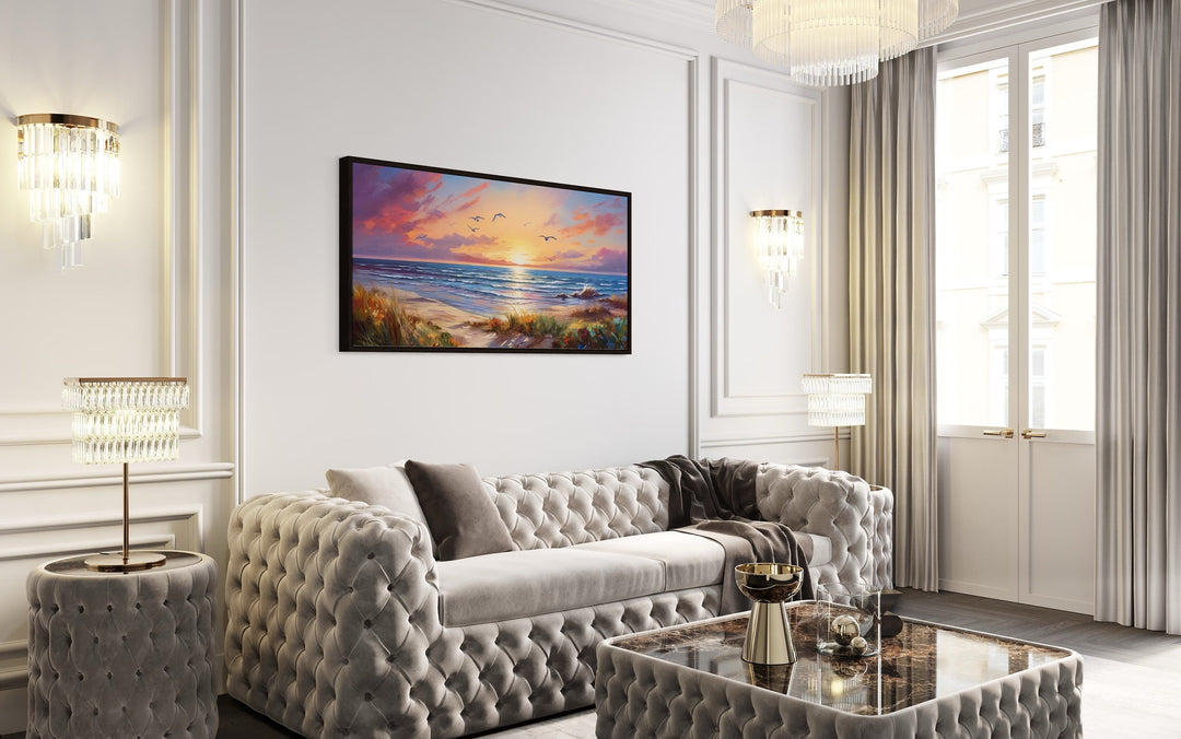 Colorful Beach Sunset With Seagulls Framed Canvas Wall Art above white couch