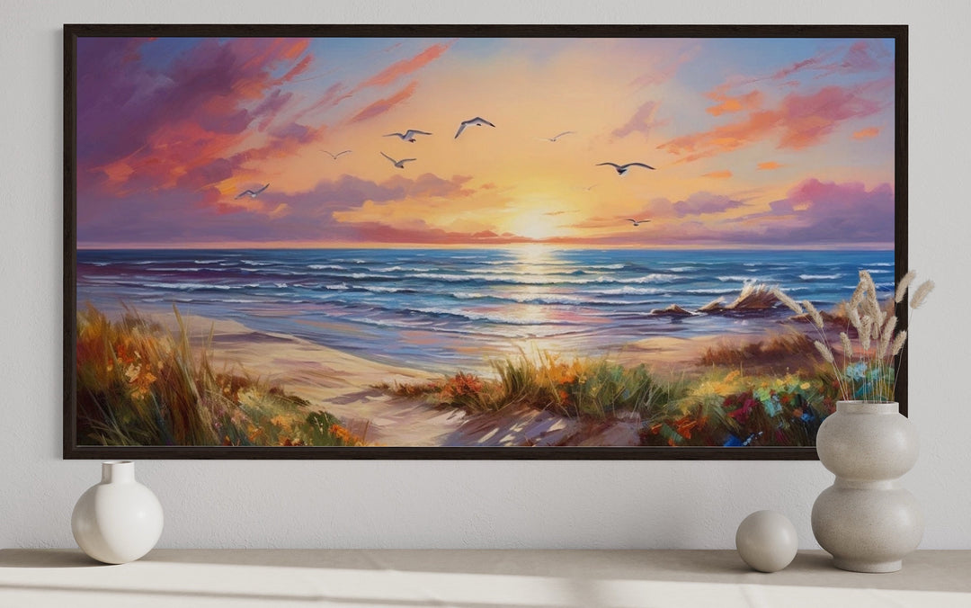 Colorful Beach Sunset With Seagulls Framed Canvas Wall Art close up