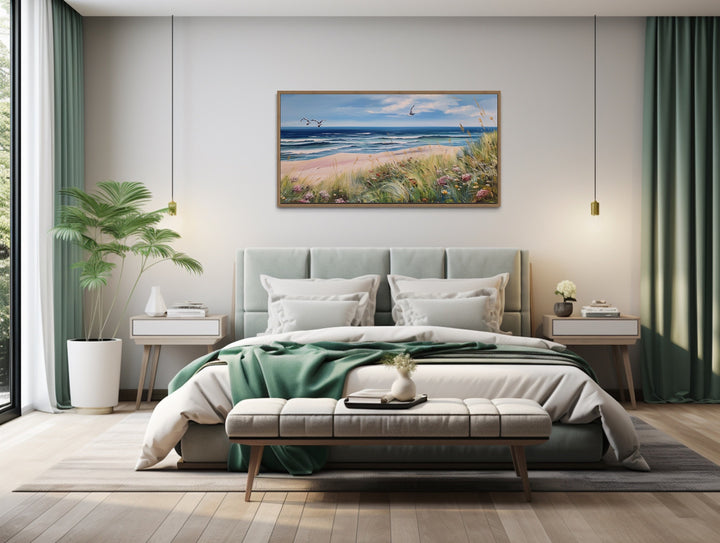 Colorful Beach With Seagulls And Grass Framed Canvas Wall Art above bed