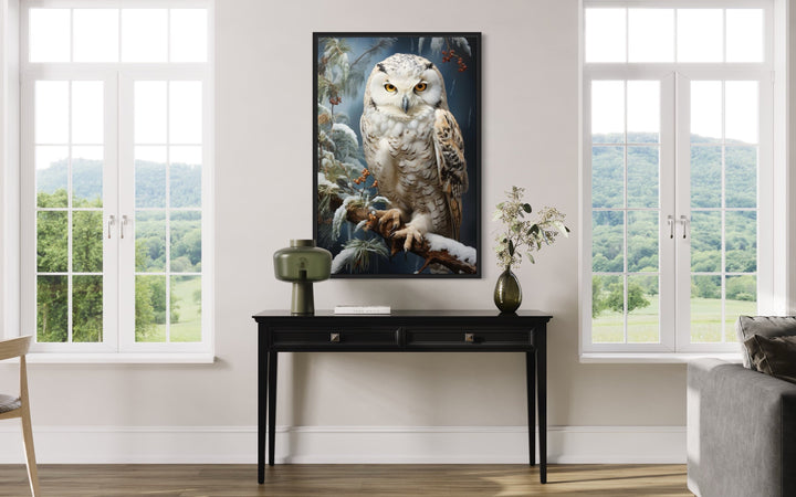 Snowy Owl Painting Framed Canvas Wall Art in living room