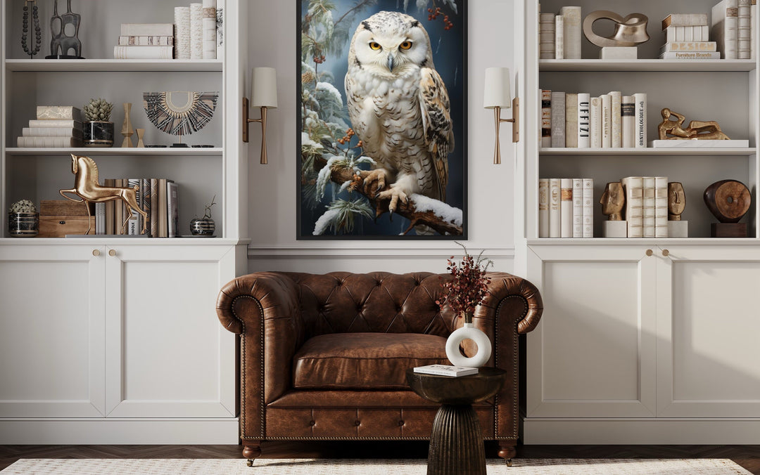Snowy Owl Painting Framed Canvas Wall Art above armchair