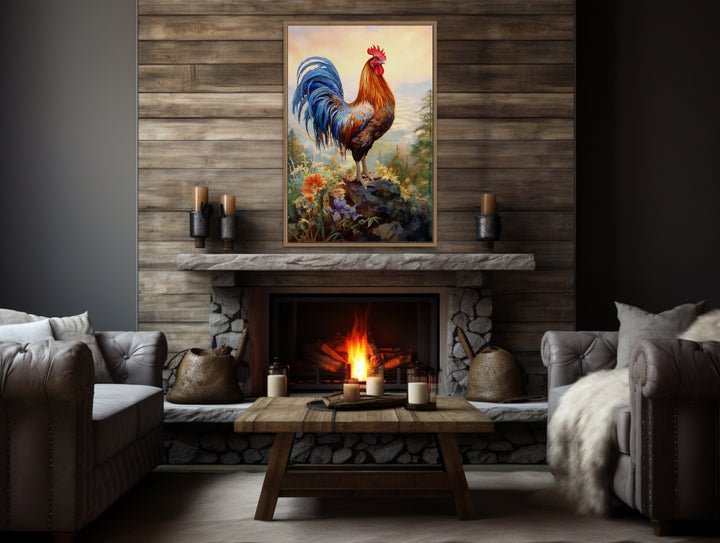 Rustic Farm Rooster Painting Framed Kitchen Wall Decor
