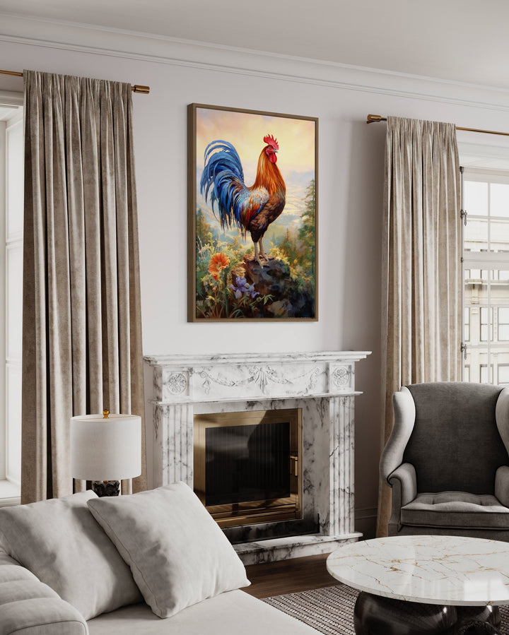 Rustic Farm Rooster Painting Framed above fireplace
