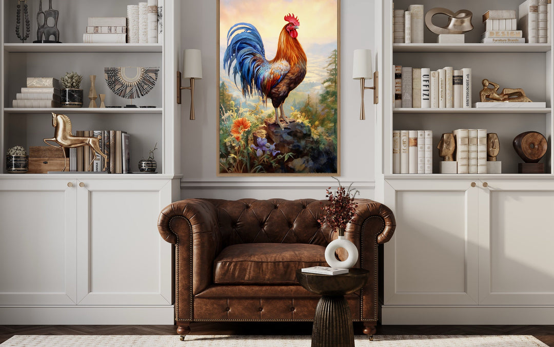 Rustic Farm Rooster Painting Framed Kitchen Wall Decor in living room