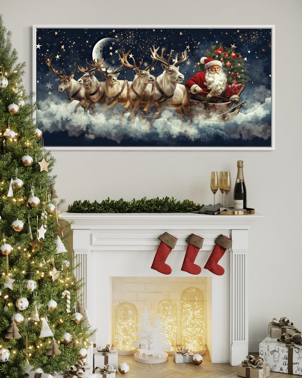 Santa Claus Flying in Sleigh With Reindeer Christmas Eve Wall Art above mantel