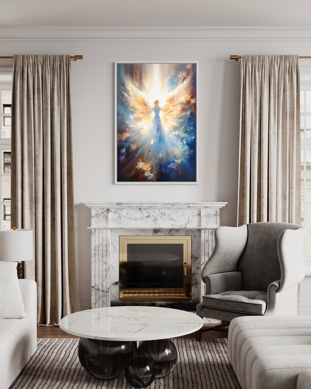 Angel In Blue Heavenly Light Framed Canvas Wall Art above fireplace