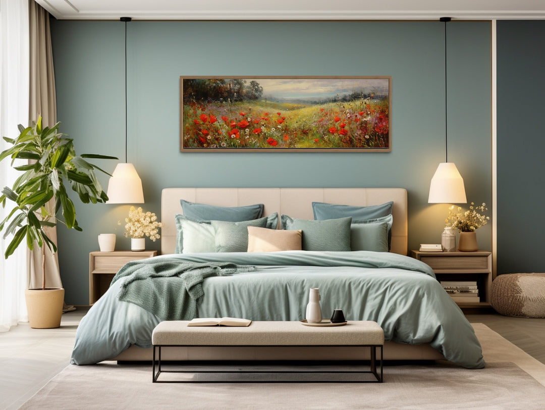 Colorful Red Wildflowers Field Vintage Horizontal Above Bed Wall Art