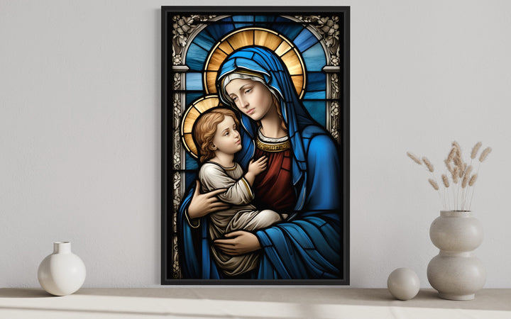 Maria With Baby Jesus Stained Glass Style Framed Canvas Wall Art