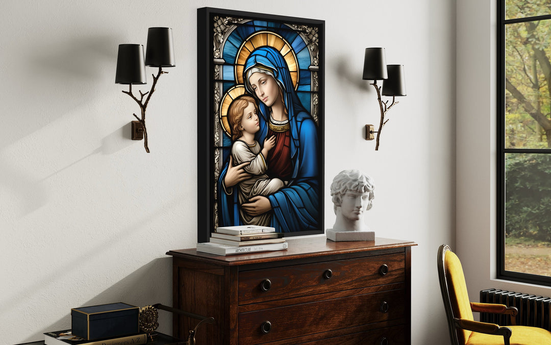 Maria With Baby Jesus Stained Glass Style Framed Canvas Wall Art side view