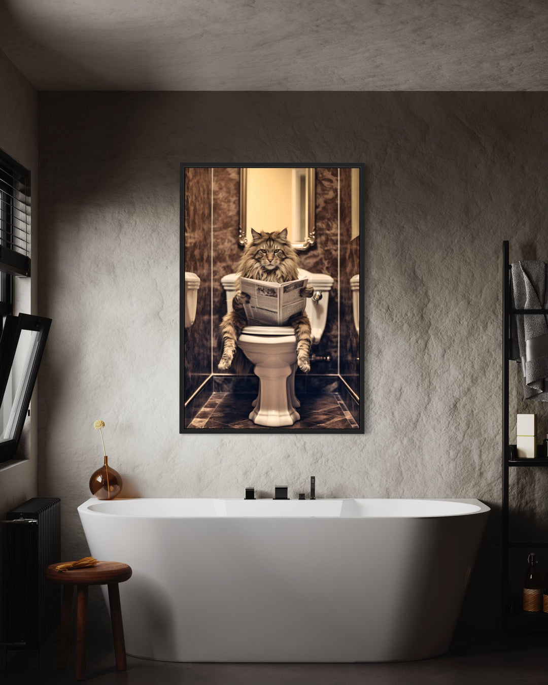 Maine Coon Cat On The Toilet Reading Newspaper Framed Canvas Wall Art in bathroom