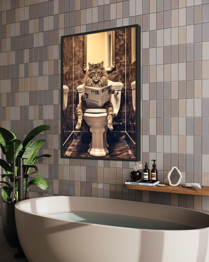 Maine Coon Cat On The Toilet Reading Newspaper Framed Canvas Wall Art in bathroom