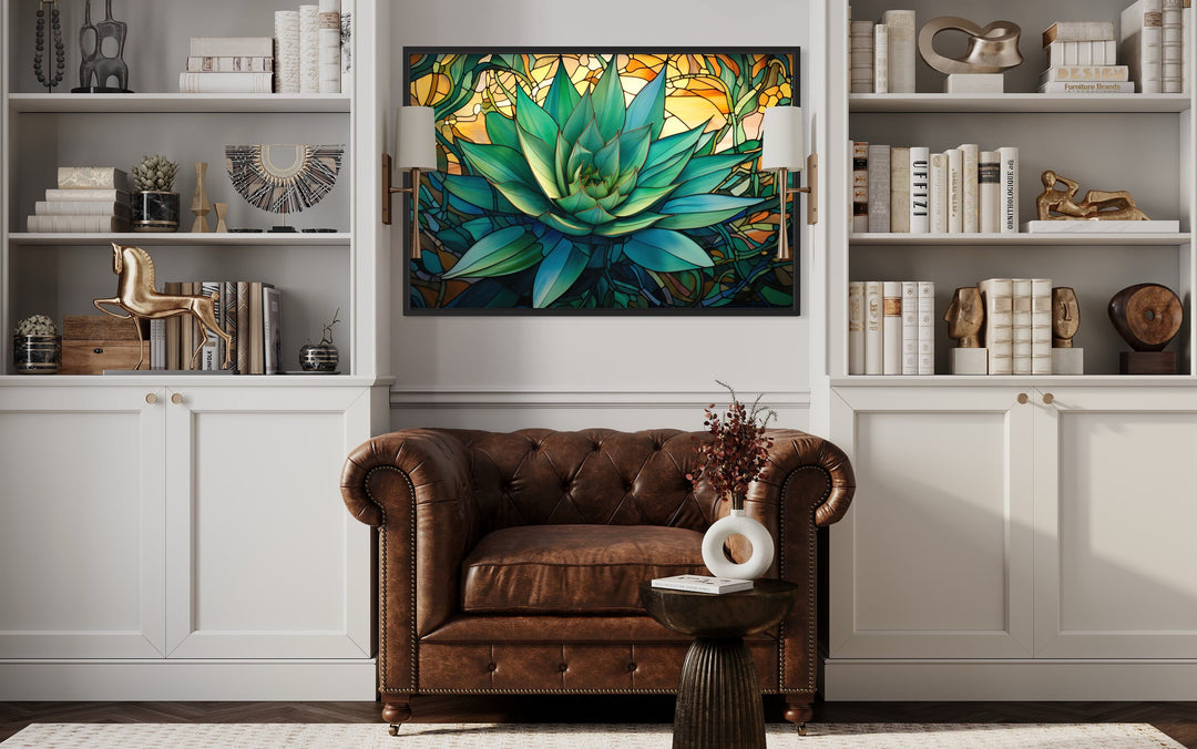 Agave Plant In Arizona Desert Wall Art in a living room with a couch and a painting on the wall