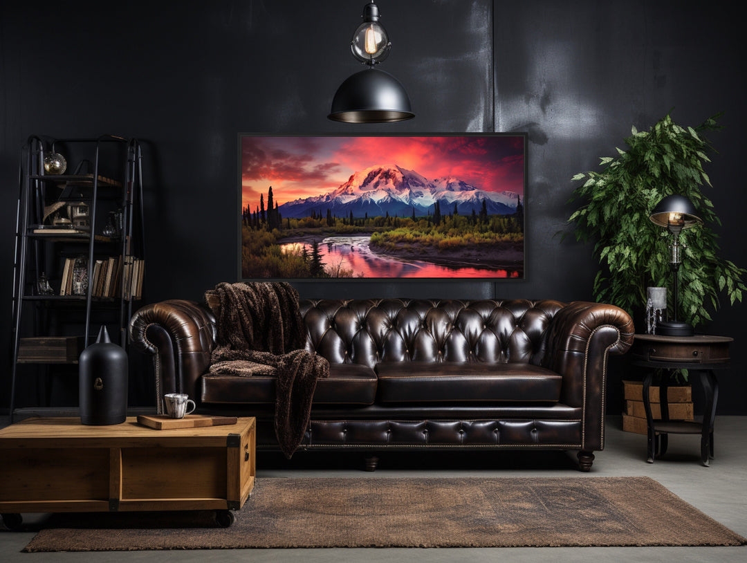 Talkeetna Mountains Sunset Alaska Landscape Wall Art above black couch