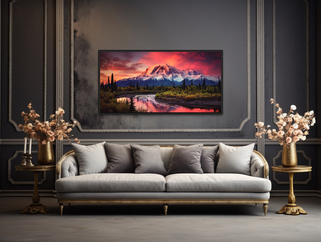 Talkeetna Mountains Sunset Alaska Landscape Wall Art above grey couch