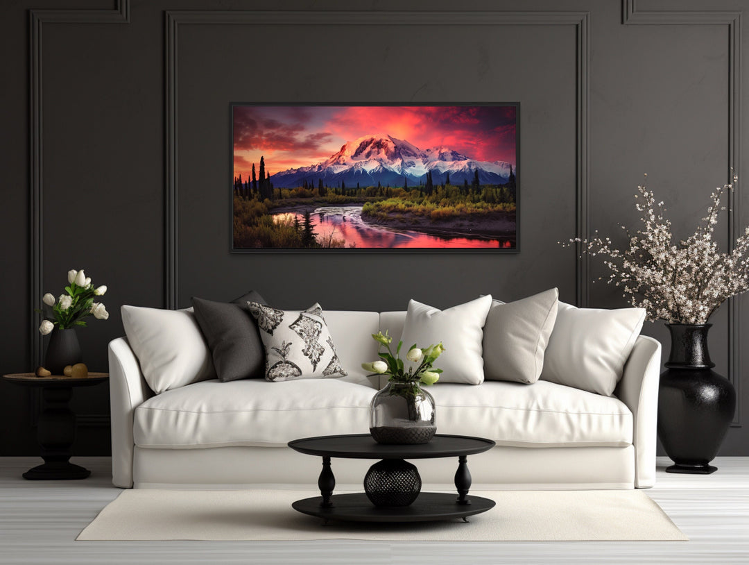 Talkeetna Mountains Sunset Alaska Landscape Wall Art above white couch