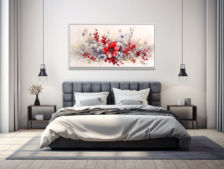 Beautiful Red Wildflowers Wall Art above grey bed