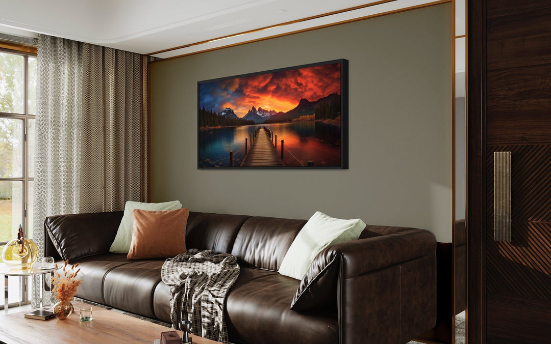 Lake And Fishing Pier Sunset Painting Framed Canvas Wall Art in living room