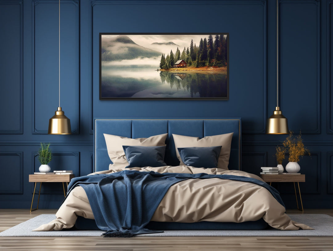Mountain Cabin On The Lake Large Summer Landscape Framed Wall Art above bed