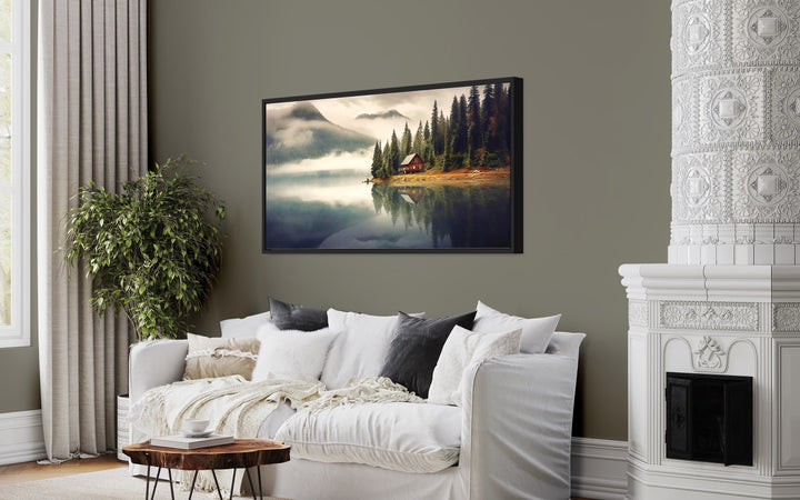 Mountain Cabin On The Lake Large Summer Landscape Framed Wall Art above white couch
