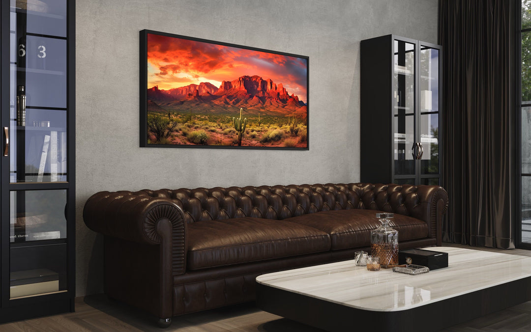 Arizona Desert Sunset Wall Art above brown couch