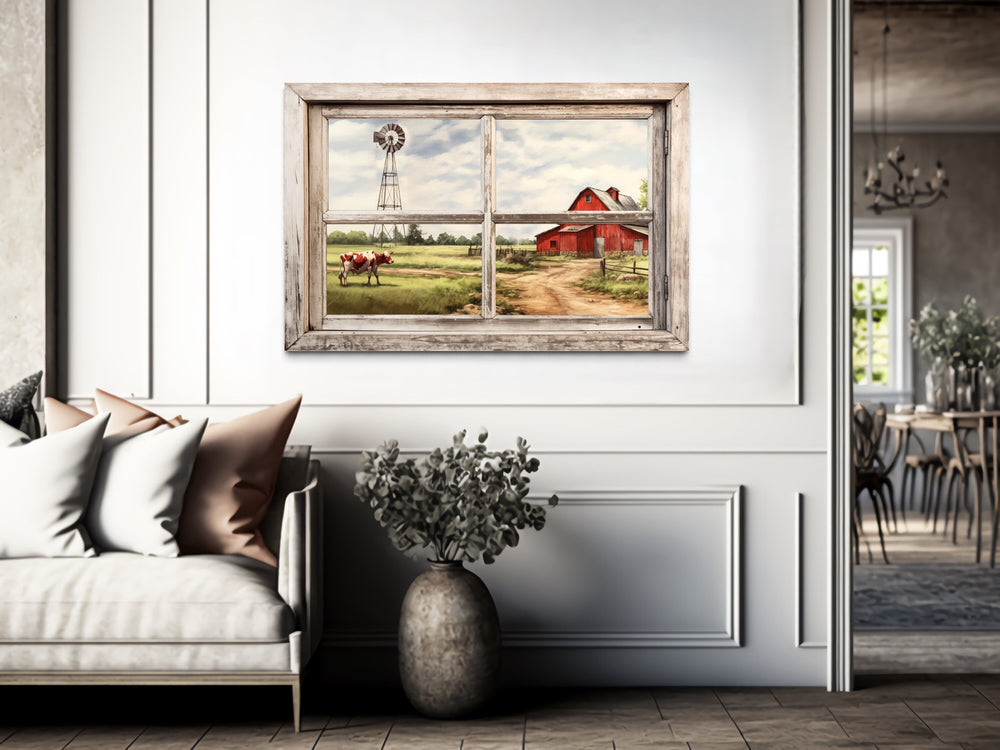 Farm With Red Barn And Cow Open Window Wall Art in rustic home
