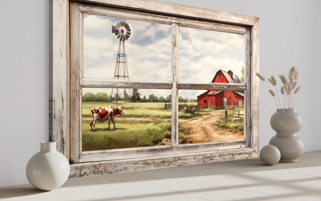 Farm With Red Barn And Cow Open Window Wall Art
