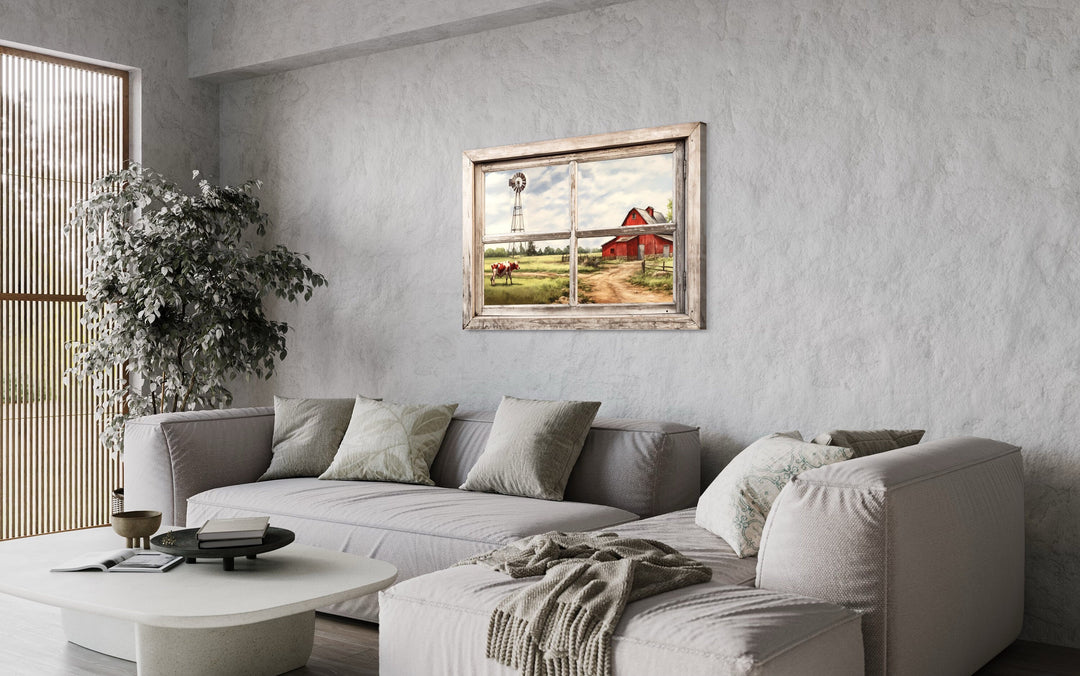 Farm With Red Barn And Cow Open Window Wall Art above grey couch