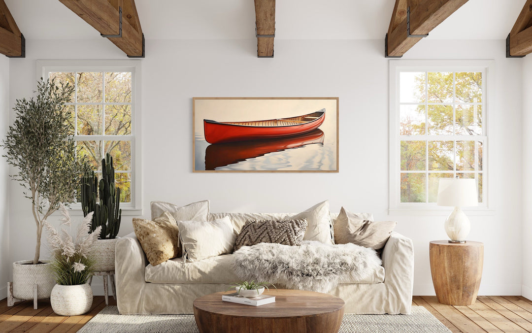 Rustic Red Canoe Wall Art "Lakeside Whisper" over beige couch
