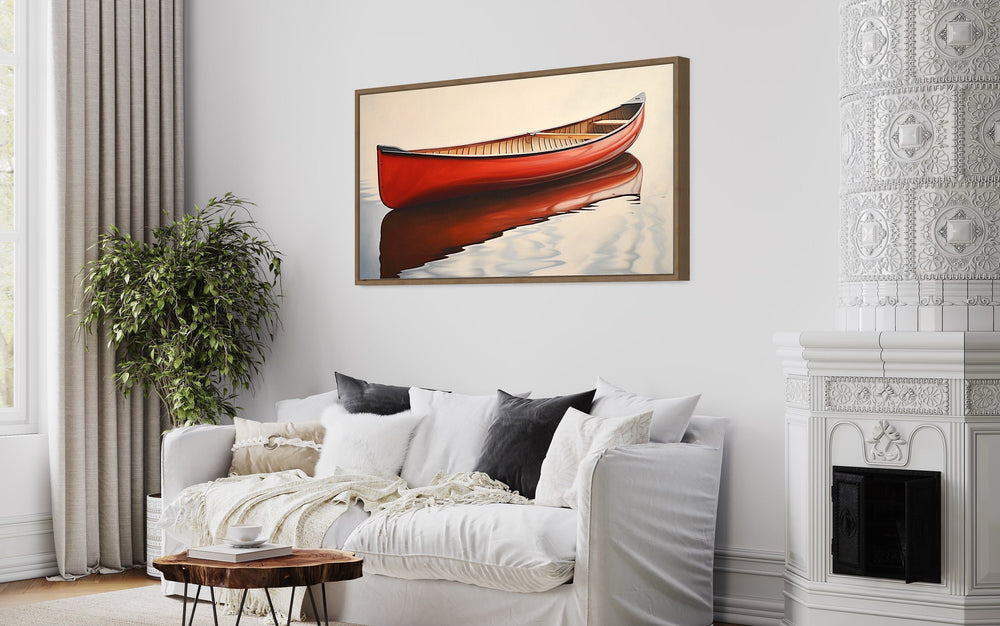 Rustic Red Canoe Wall Art "Lakeside Whisper" over white couch