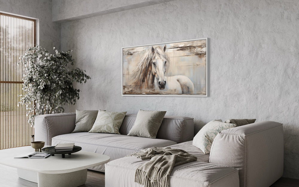 Rustic Farm Horse Painting On Distressed Wood Canvas above grey couch