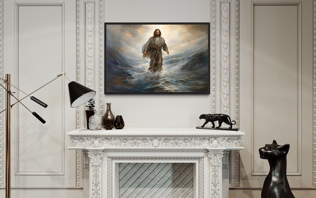 Jesus Walking On Water Modern Christian Wall Art above fireplace