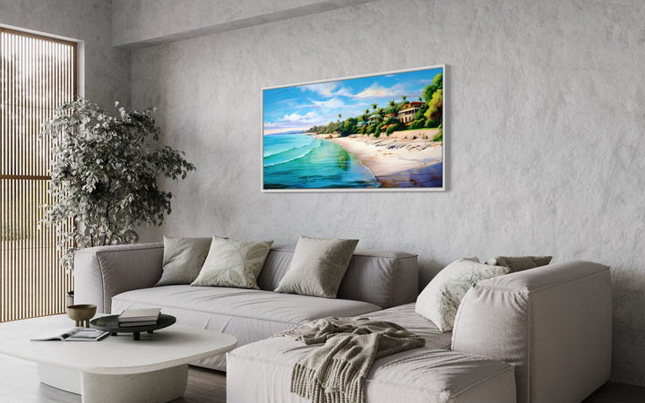 Colorful Jamaica Beach And Houses Framed Canvas Jamaican Wall Art in living room