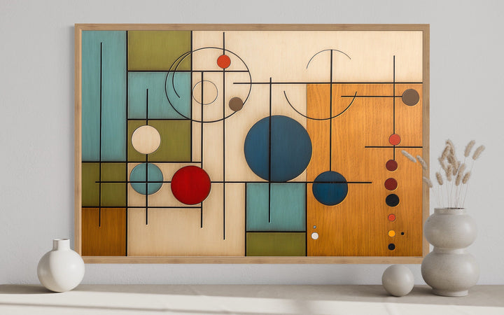 Mid Century Modern Geometric Painting On Wood Canvas Wall Artclose up