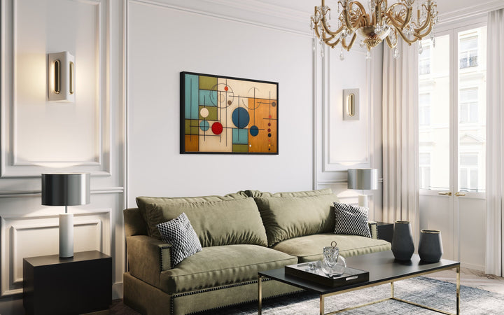 Mid Century Modern Geometric Painting On Wood Canvas Wall Art in living room