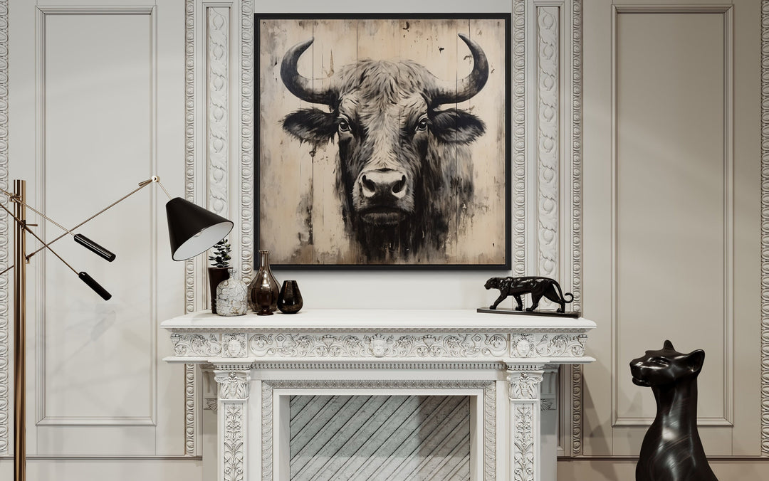 Bull Painting on Distressed Wood Farmhouse Wall Art above fireplace