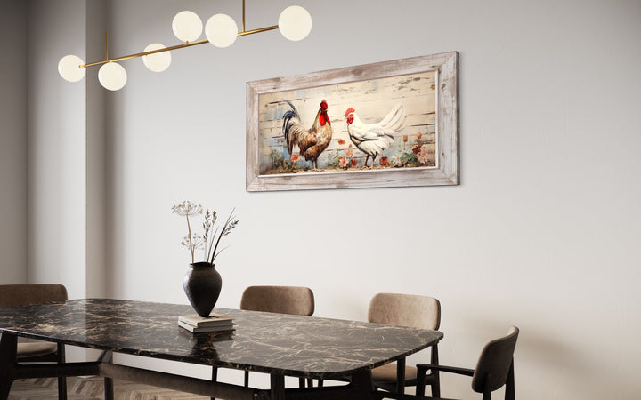 Rooster And Hen At Chicken Farm Farmhouse Wall Art in the kitchen