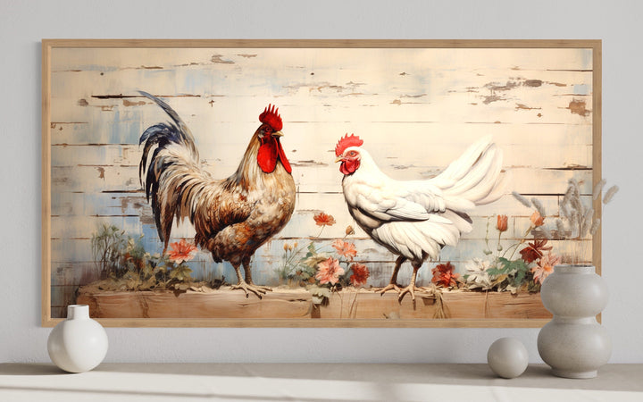 Rooster And Hen At Chicken Farm Farmhouse Wall Art side view