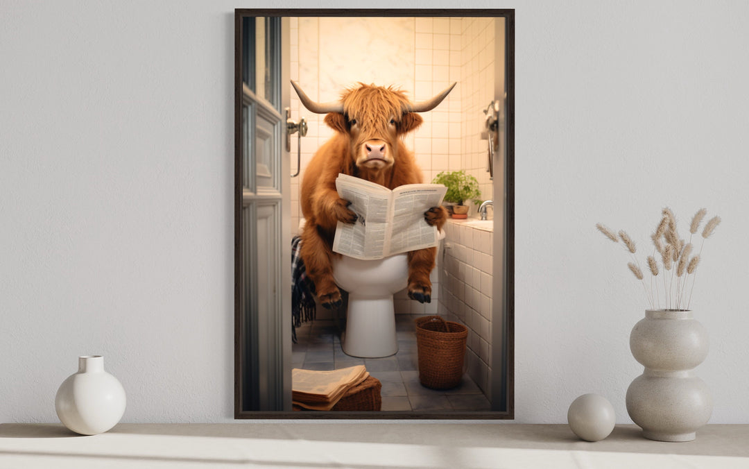 Highland Cow On The Toilet Reading Newspaper art print close up