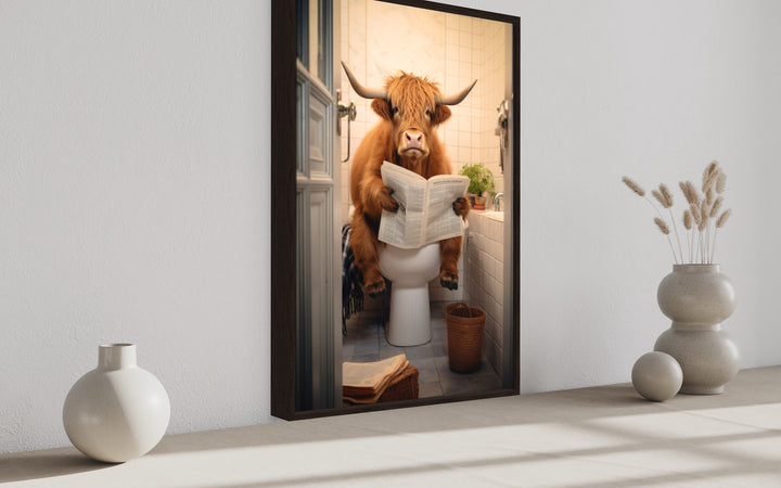 Highland Cow On The Toilet Reading Newspaper Wall Art SIDE VIEW
