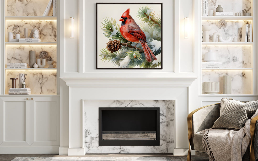 Red Cardinal on Fir Tree Branch In Snow Framed Canvas Wall Art above fireplace