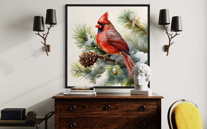 Red Cardinal on Fir Tree Branch In Snow Framed Canvas Wall Art above table