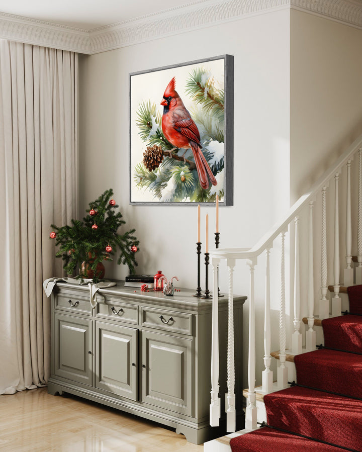 Red Cardinal on Fir Tree Branch In Snow Framed Canvas Wall Art in christmas room side view