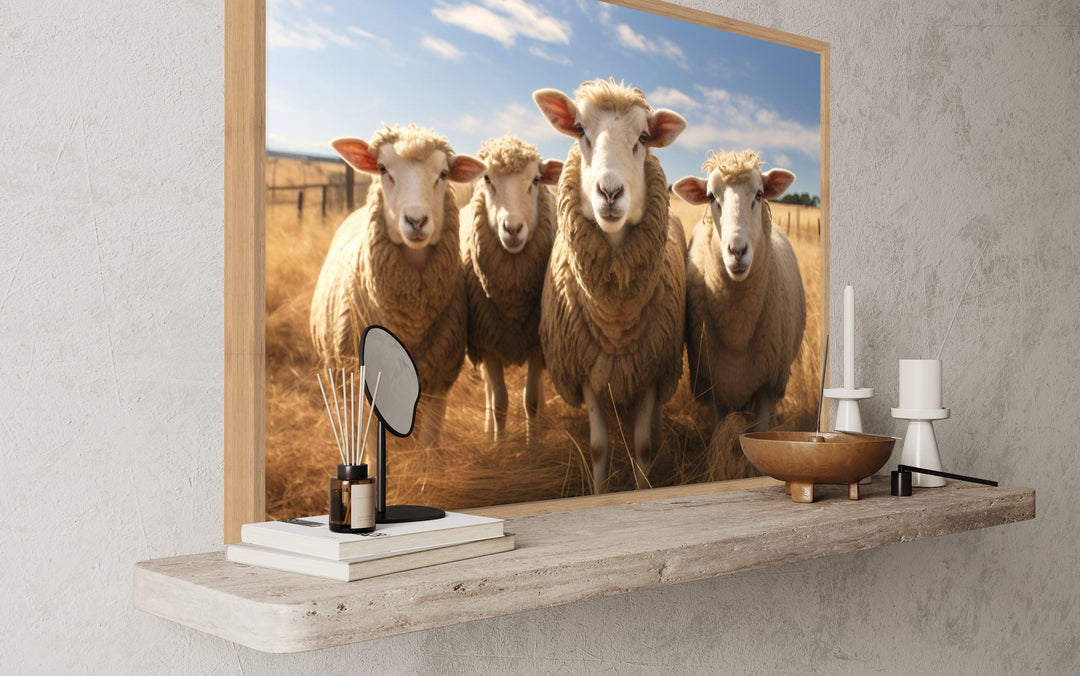 Farm Sheep In The Field Framed Canvas Wall Art side view