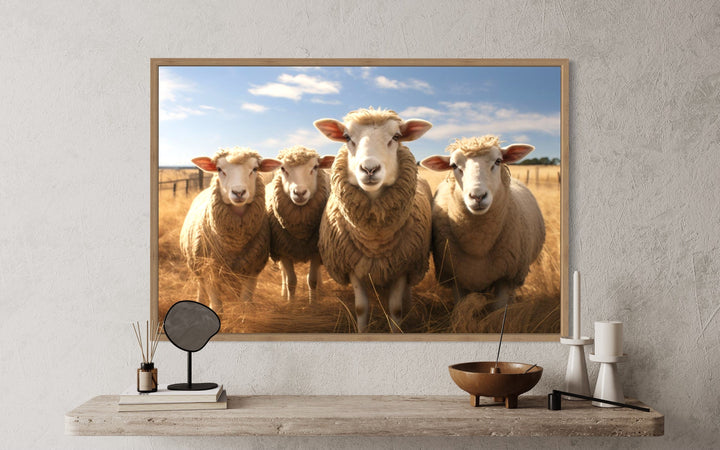 Farm Sheep In The Field Framed Canvas Wall Art close up