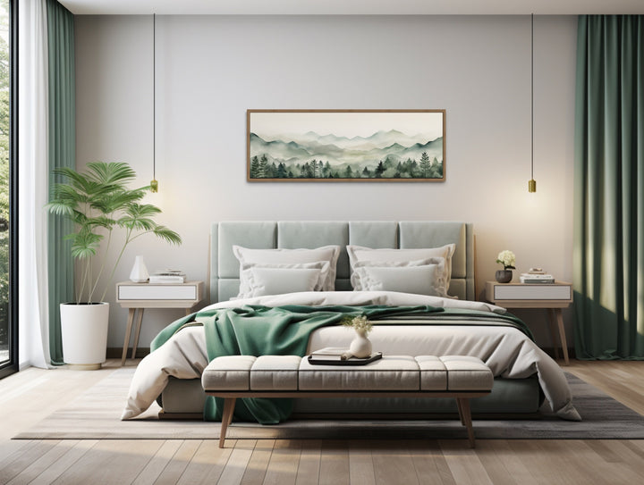 Sage Green Mountains Long Horizontal Canvas Wall Art above bed