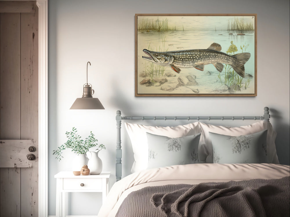 Northern Pike Vintage Fish Painting Framed Canvas Wall Art above bed