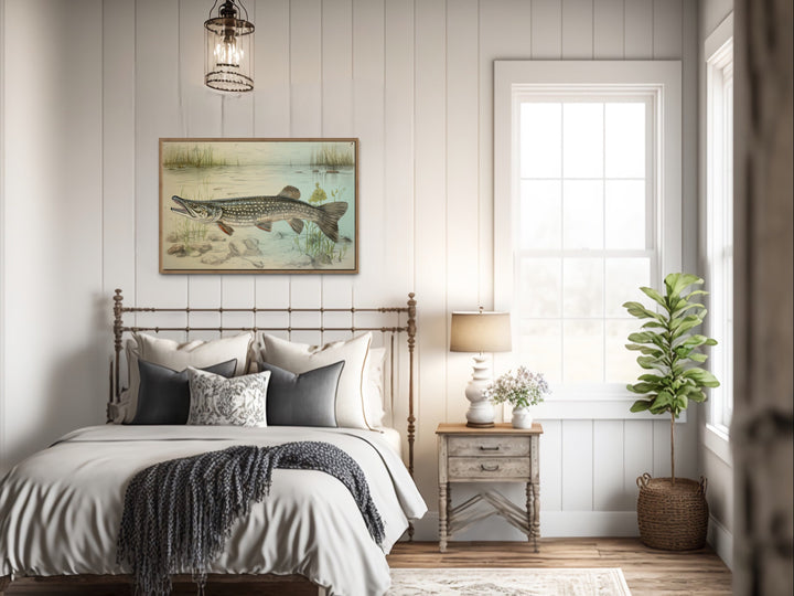 Northern Pike Vintage Fish Painting Framed Canvas Wall Art above bed